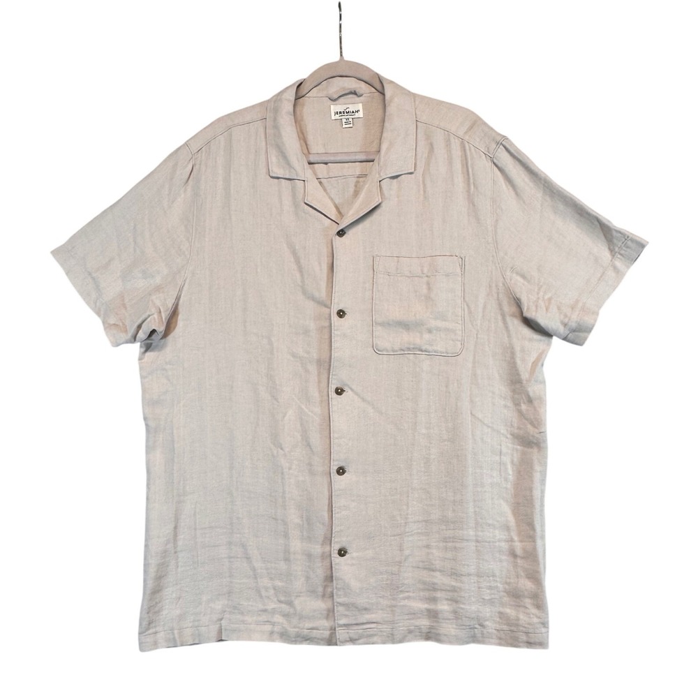 Jeremiah‎ Button Up Camp Shirt Short Sleeve Mens XL Linen Blend Tan Herringbone